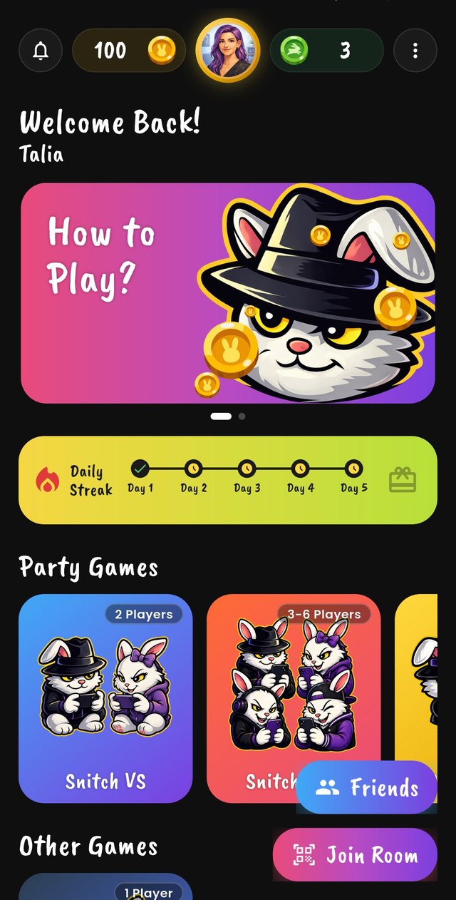 The Snitch Switch home screen with party game modes and a daily streak.