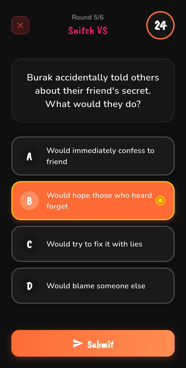 A Snitch VS round: a question, four possible answers and one selected.
