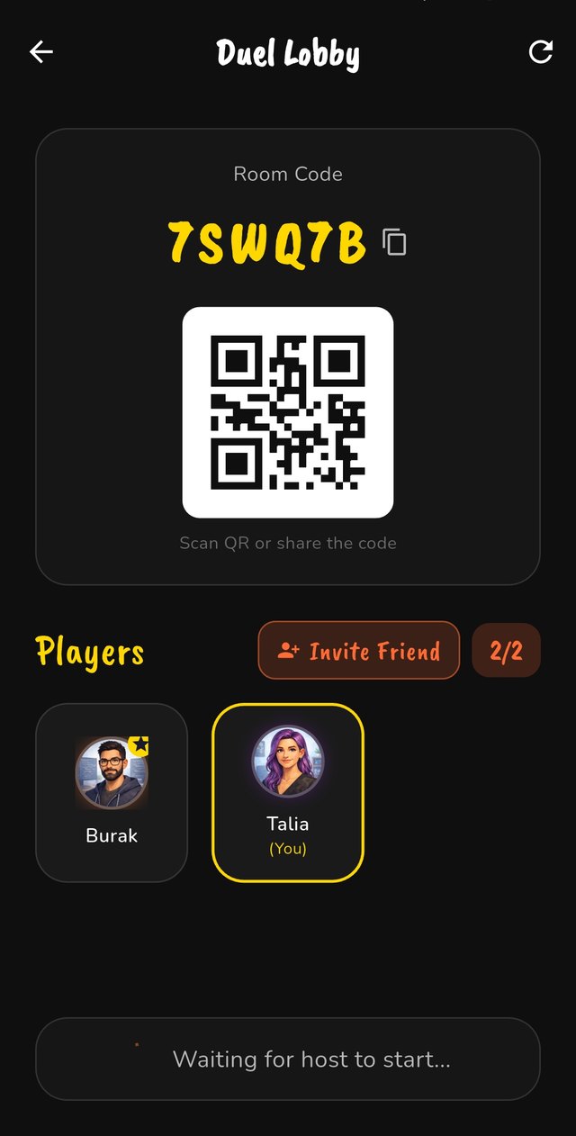 A lobby showing the room code, a QR code and the players who joined.