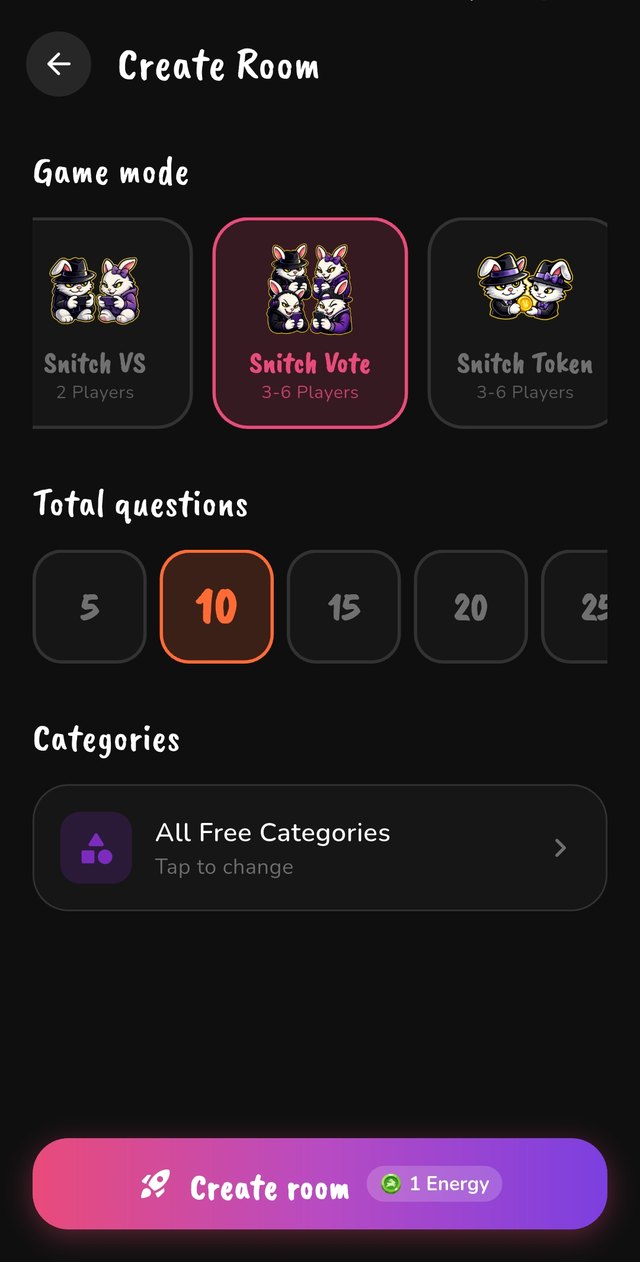 The create-room screen: game mode, number of questions and categories.
