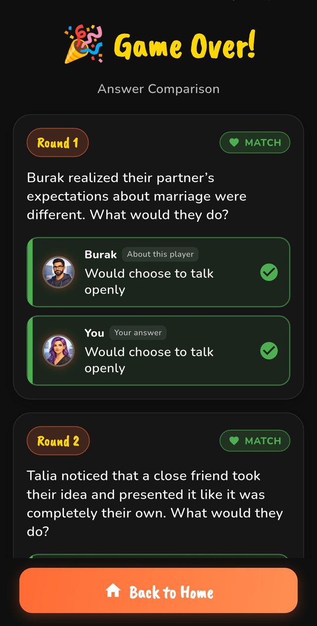 The answer comparison screen showing a match and a miss side by side.