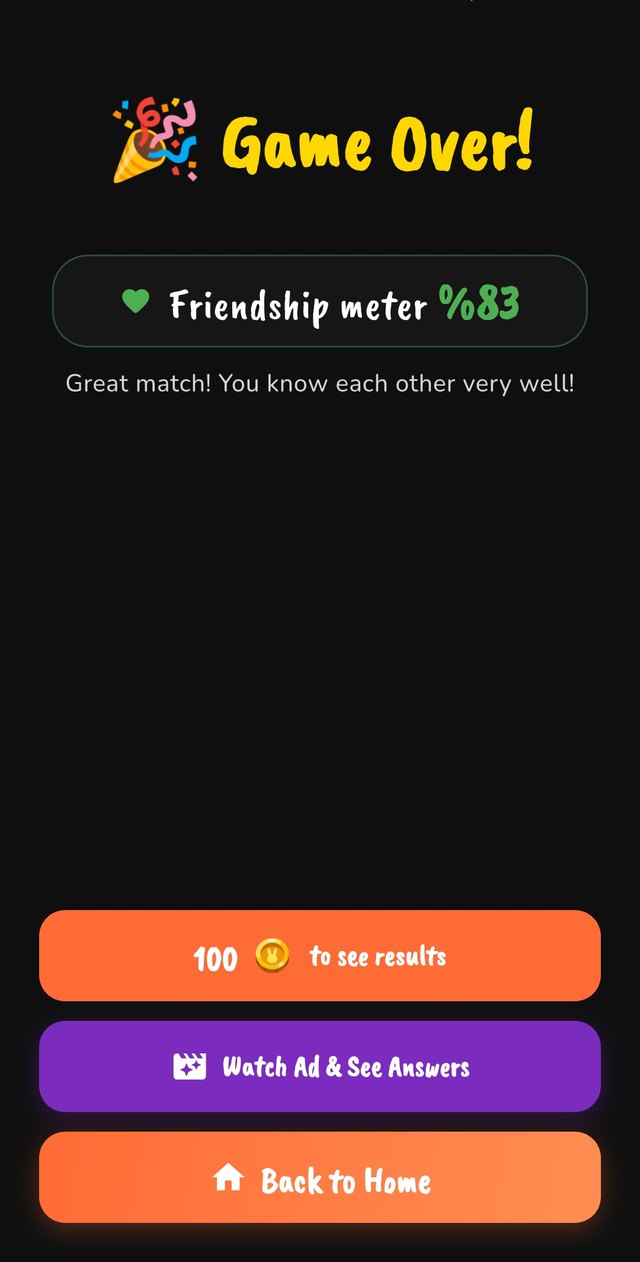 A game-over screen showing the friendship meter as a percentage.