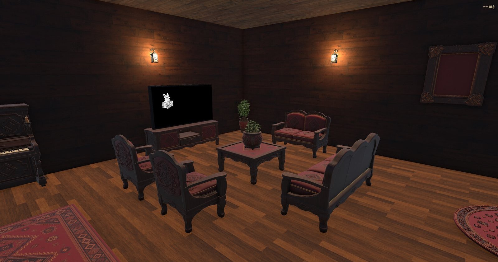 A decorated living room with a TV, armchairs, sofas, a rug and a coffee table.