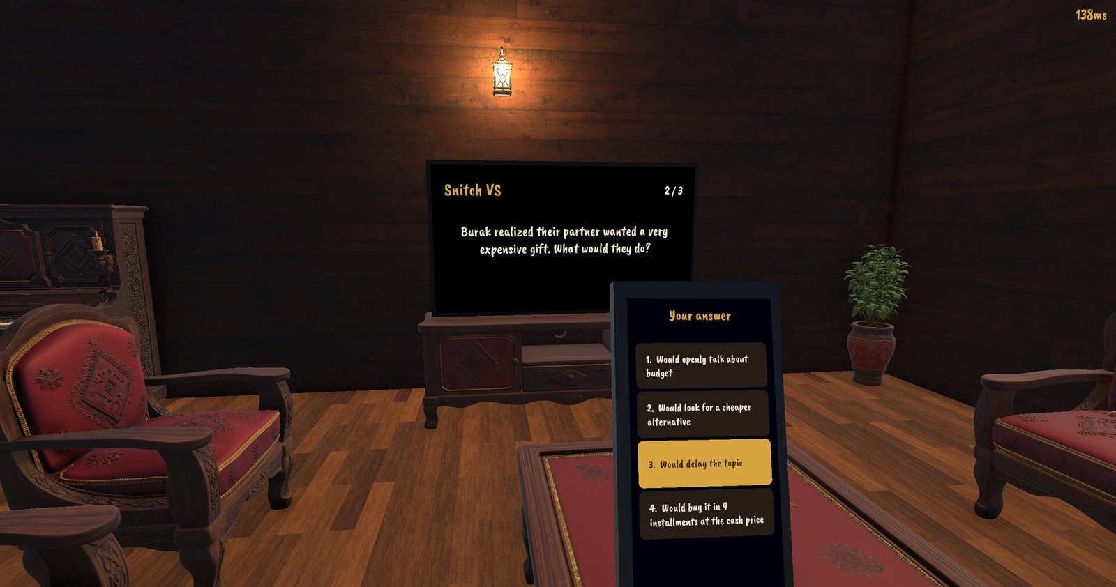 A Snitch VS round: the question is on the room's TV and four answers are on the in-game phone.