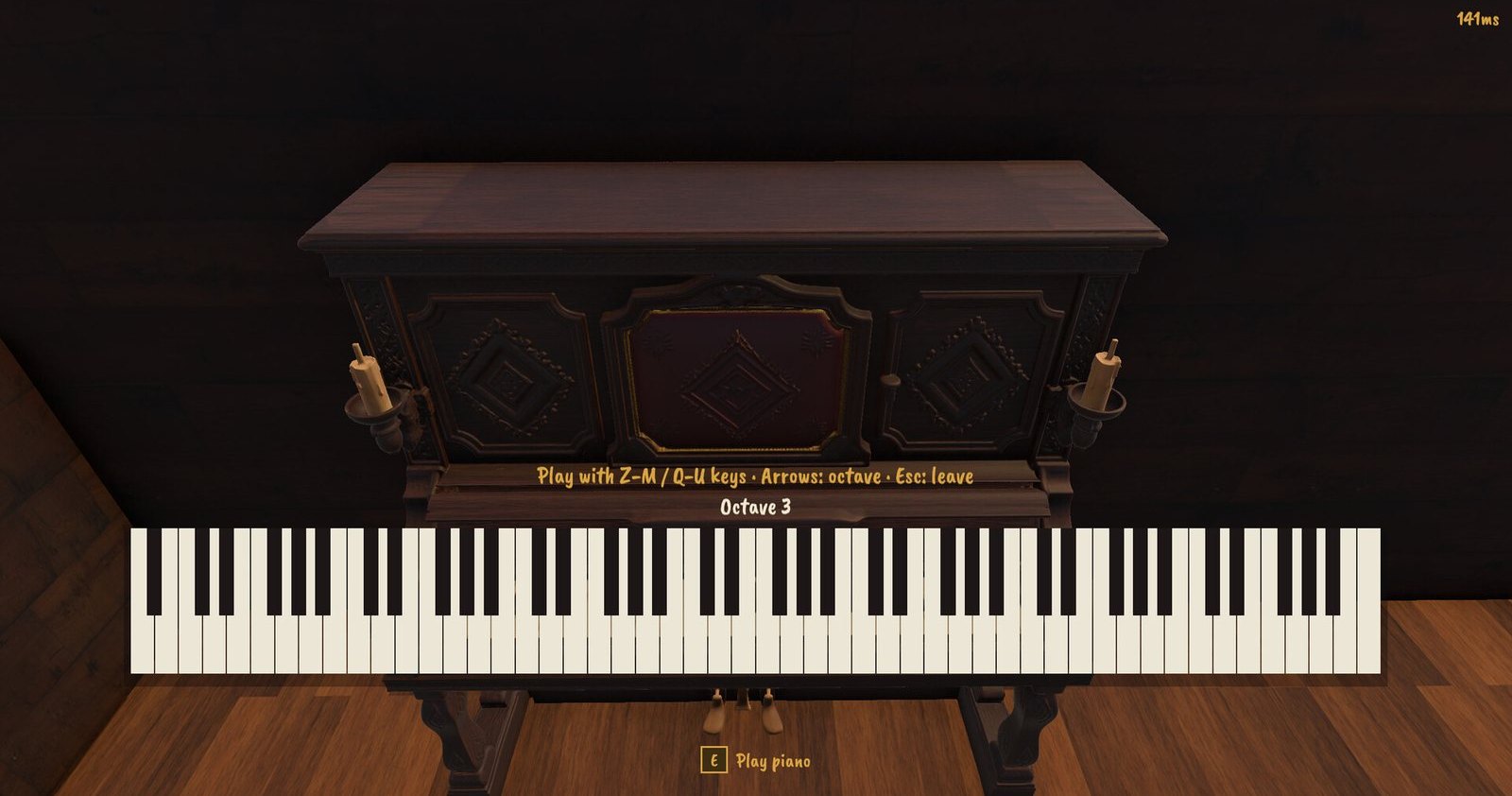 A close-up of the playable piano with its keyboard and octave controls.