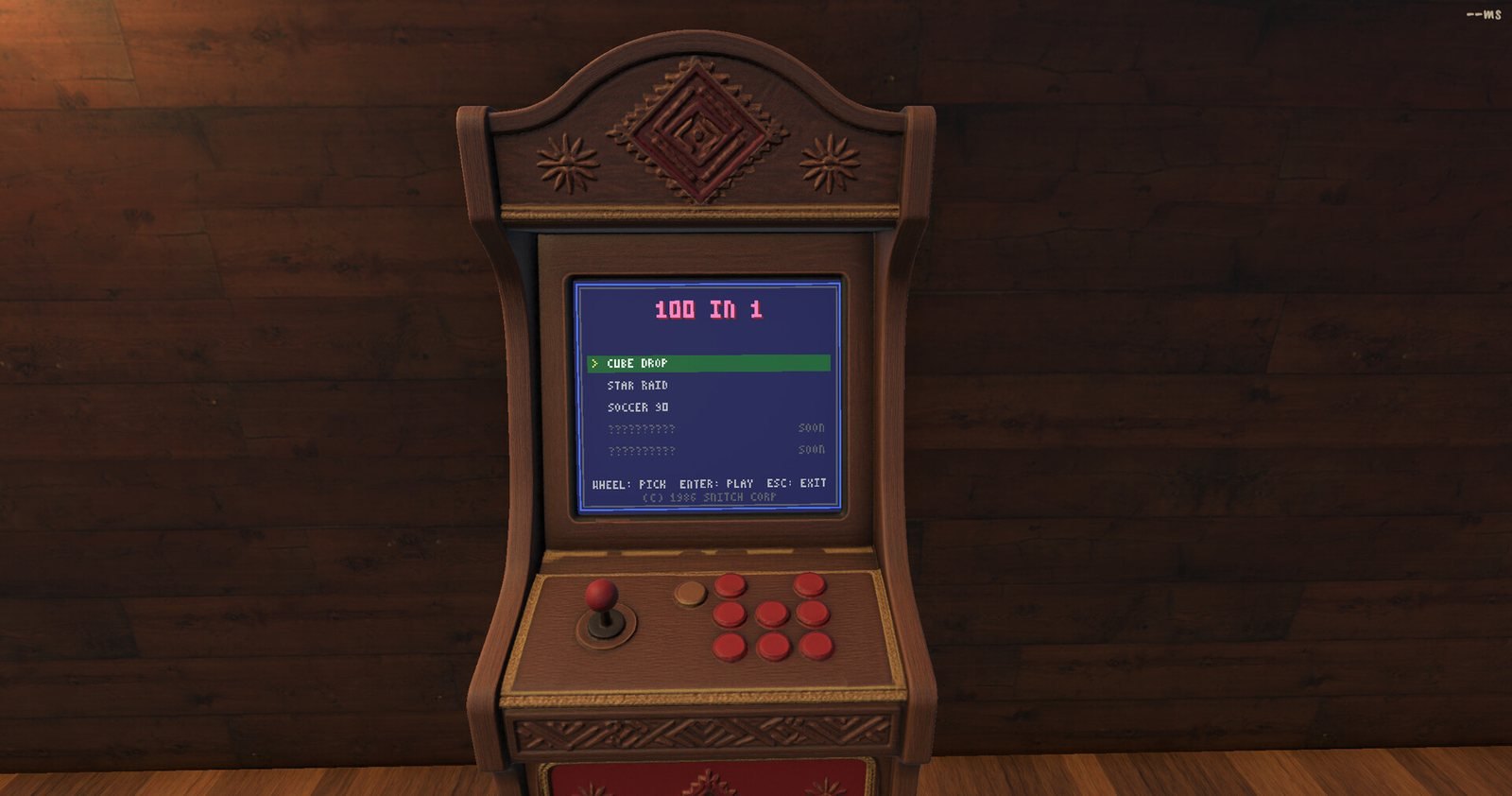 An arcade cabinet showing a game list: Cube Drop, Star Bird and Soccer 3D.