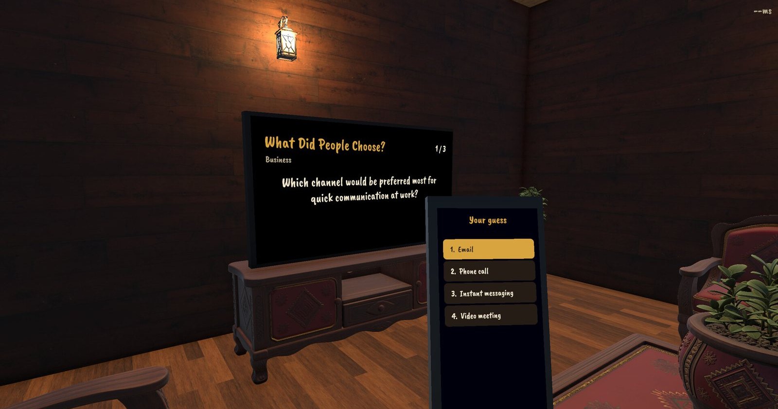 A Snitch World round: a poll question on the TV and four possible answers on the phone.